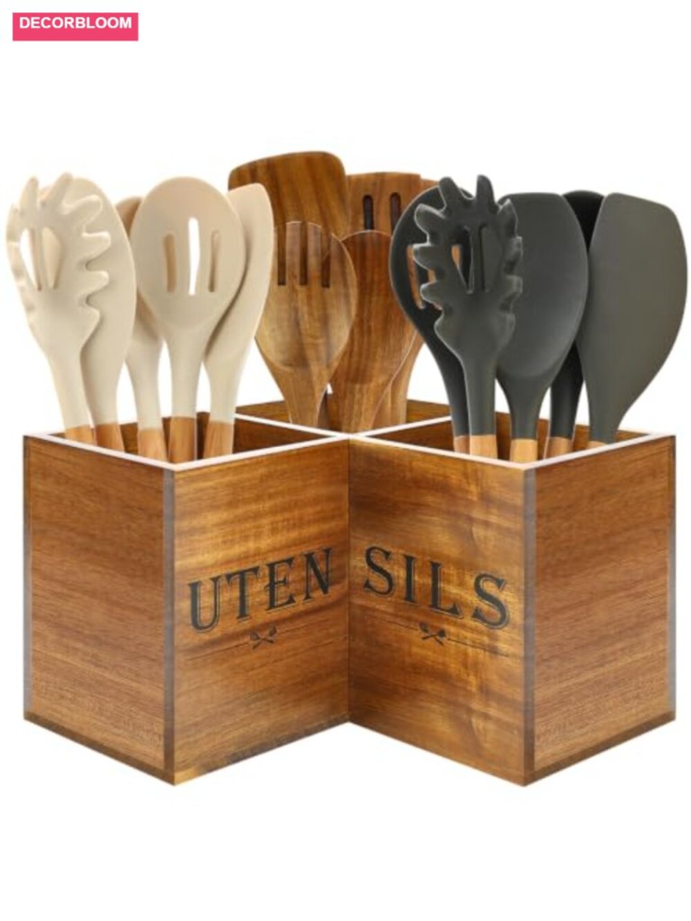 Acacia Wood Utensil Holder Large Triangle Corner Kitchen Storage